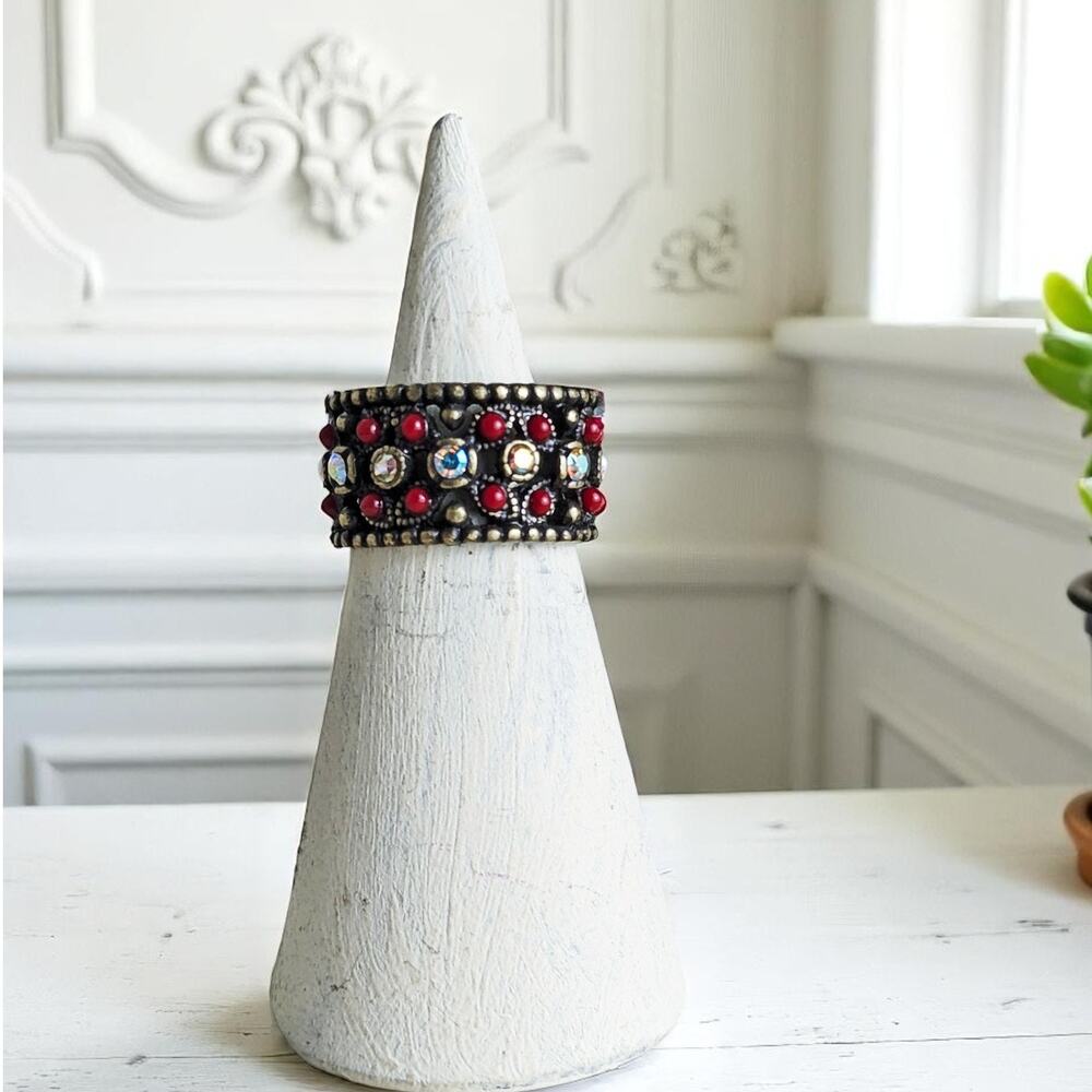 Boho Rhinestone Distressed Beaded Band Ring 7.5